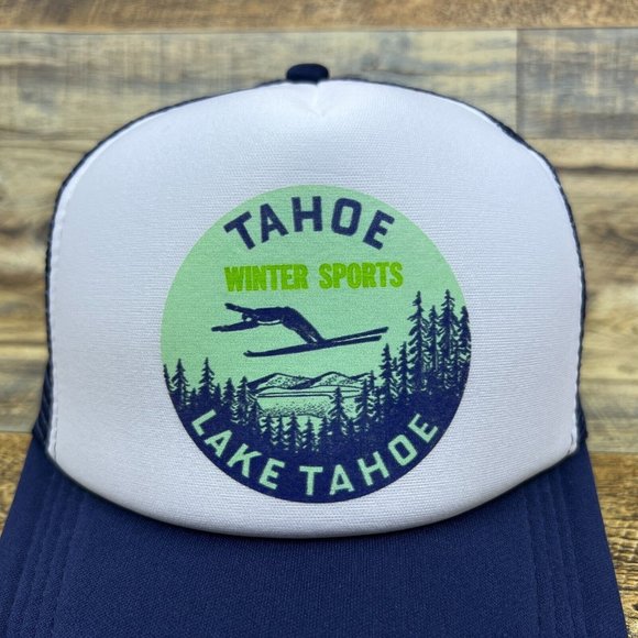 Lake Tahoe Mens Trucker Hat Navy Snapback Vintage Winter Sports Logo Nevada Cap - Picture 3 of 8